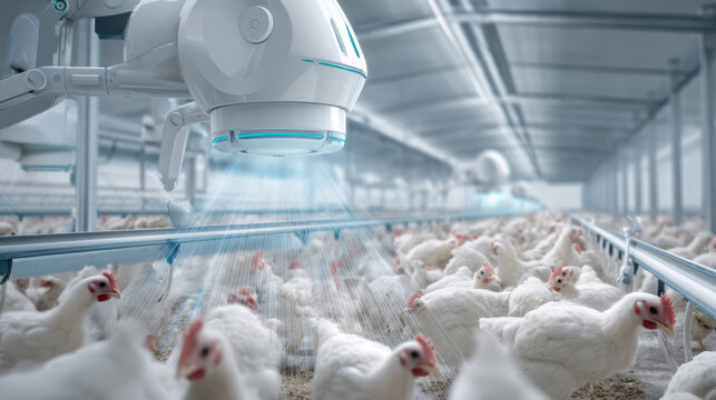 Automated robotic chicken feeding system on a modern poultry farm, the concept of intelligent agriculture and animal husbandry