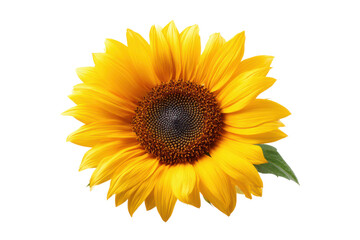 Fototapeta premium Bright yellow sunflower with dark center and green leaf on black background bloom blossom