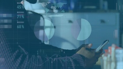 Animation of financial data processing over businessman using smartphone - Powered by Adobe