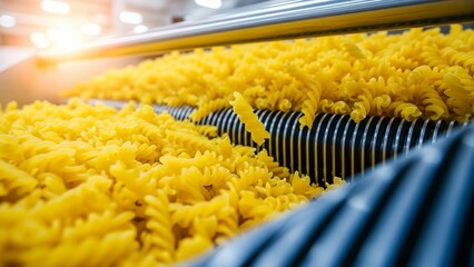 Pasta production process in a factory with yellow fusilli noodles