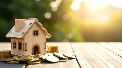 A wooden house model sits next to stacks of coins