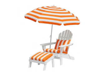 White adirondack chair with orange striped umbrella and ottoman