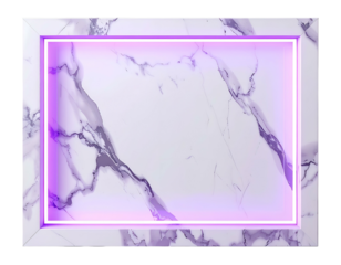 Purple neon frame over a white marble surface, black background