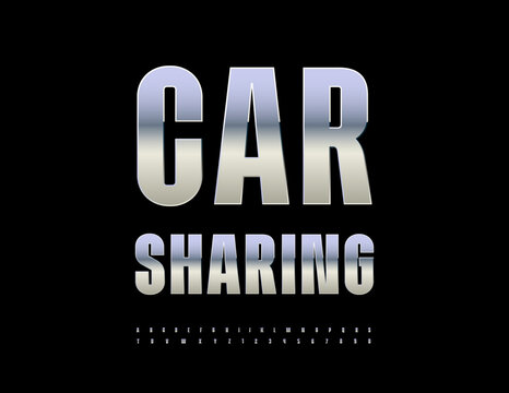 Vector Metallic sign Car Sharing. Shiny Silver Font for Branding and Digital Design. Trendy Steel Alphabet Letters and Numbers set.