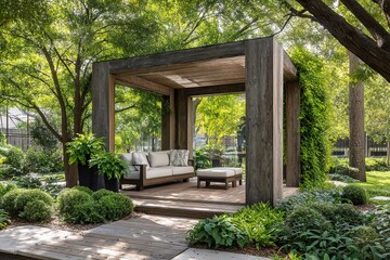 Luxurious Outdoor Pergola with Sofa in a Lush Garden