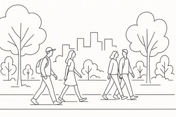 Line art illustration of people walking in park with trees and city skyline in background.