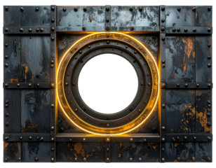 Metallic portal with a glowing ring, rustic, and weathered