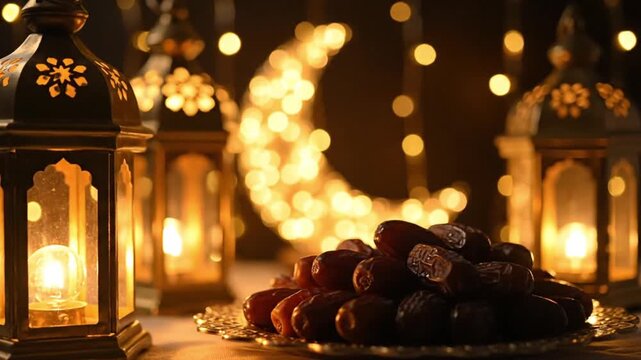 A beautifully illuminated evening scene features ornate traditional lanterns casting a warm, gentle glow. A plate piled with dried dates sits prominently, reflecting the soft ambient light. In the bac