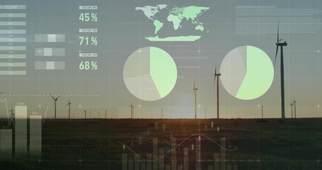 At sunset, wind turbines spinning with animation overlay showing data statistics - Powered by Adobe