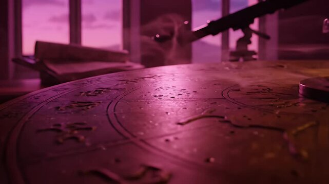 Magical Observatory Table with Astrolabe and Telescope at Sunset