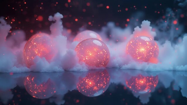 Ethereal Glow: Sparkling orbs surrounded by misty clouds and ambient light reflections
