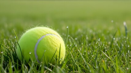 Tennis ball on dewy grass with blurred green background.