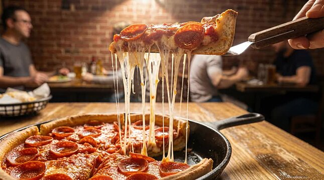 Cheesy pepperoni pizza slice lifted from skillet, showing gooey cheese strings, restaurant setting, food.