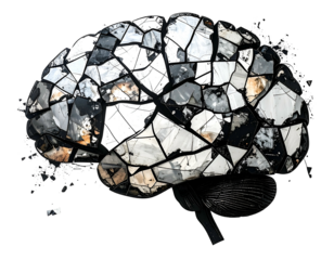 Brain rendered as fragmented reflective mosaic over black backdrop