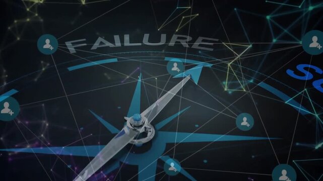 Initiating compass spin, needle moving clockwise shifting glowing icons marking failure to success