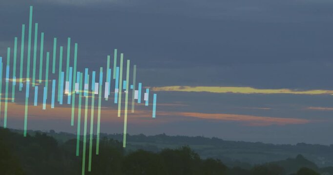 semi-transparent digital financial chart overlay moving over dusk landscape in flat design