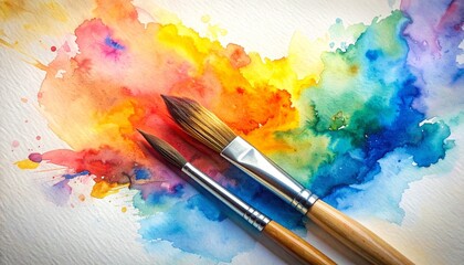 Fototapeta premium Watercolor painting in progress with vibrant brushstrokes and two paintbrushes on textured paper