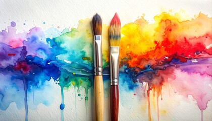 Obraz premium Watercolor painting in progress with vibrant brushstrokes and two paintbrushes on textured paper