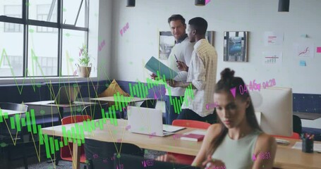 Businesswoman typing on laptop driving animated graphs while colleagues entering binder discussion - Powered by Adobe