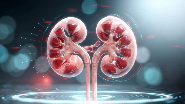 Renal health assessment visualization, simplified kidney anatomy with subtle measurement lines, bright clinical lighting, function test uncluttered background