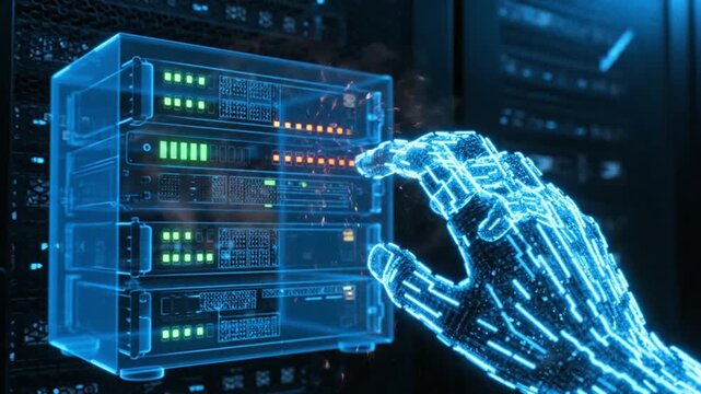 Server Down A digital hand trying to restart a Server Rack hologram, but smoke and red sparks fly out from the interface 4k video