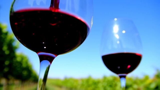 Red wine poured into a glass outdoors under a clear blue sky