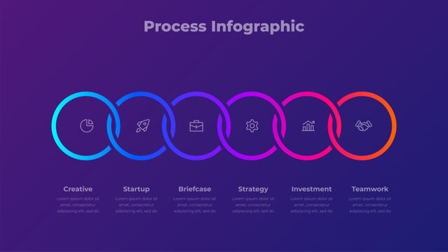 6 Steps Circular Process Infographic Diagram Presentation Template with Connected Options on Dark Purple Background