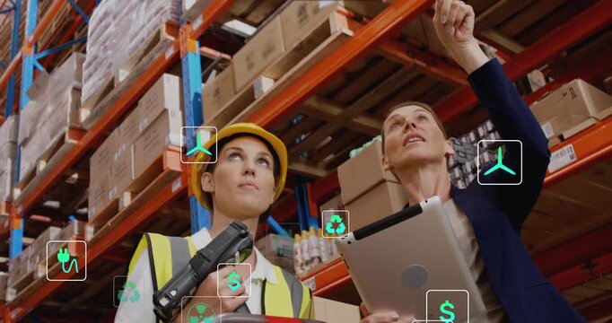 Manager pointing shelf and guiding tech scanning stock while icons showing business metrics