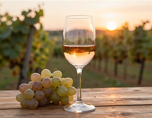A glass of rose wine stands before a blurred vineyard backdrop at sunset, complemented by a cluster of ripe grapes.