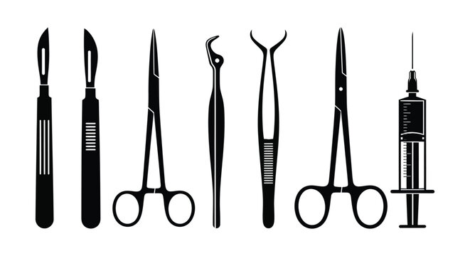 medical tools and instruments in a row silhouette high quality professional detailed modern elegant stylish clean