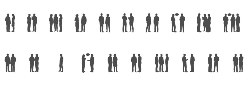 Side view human figures silhouette CAD blocks, men and women standing walking talking, architectural elevation style, black outline only, vector &ndash; Premium Architectural CAD Vector Collection