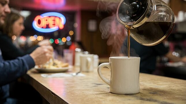 Pouring hot coffee into a mug at a diner counter with an open sign in the background coffee, steam, beverage.