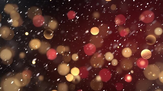 Festive abstract bokeh lights with falling snowflakes background