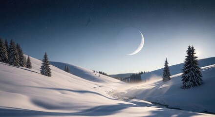 Snow-covered winter landscape with majestic evergreen trees nestled among rolling hills, illuminated by a brilliant crescent moon in a clear night sky over a peaceful valley.