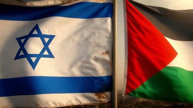 israel and palestine flags waving together on a flagpole against a background of a ruined city in smoke war conflict and destruction concept