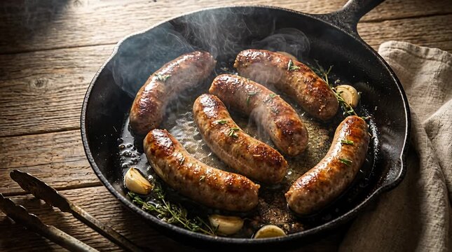Delicious sausages frying in cast iron pan with garlic and herbs, flavorful meal preparation, sausage,.