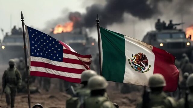 flags of the usa and mexico fly against the background of military equipment and soldiers in combat conditions which emphasizes the complexity of border relations and military presence