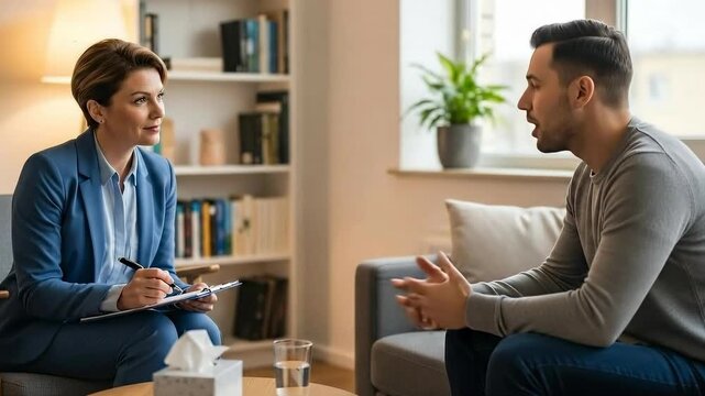 Therapist and client engage in thoughtful discussion in a cozy office setting
