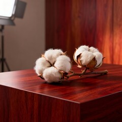 Organic Elegance: Raw Cotton Blooms on a Mahogany Platform