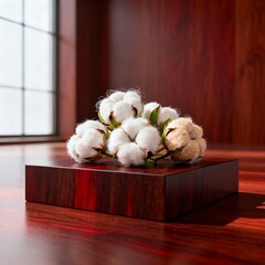 Raw Cotton Blooms on Matte Mahogany Platform - Natural Mater