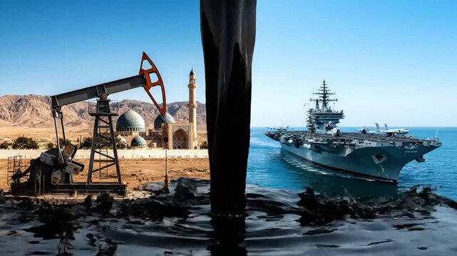 a combined shot with an oil rig near a mosque and an aircraft carrier in the sea separated by a stream of oil demonstrates the connection between religious values and military power