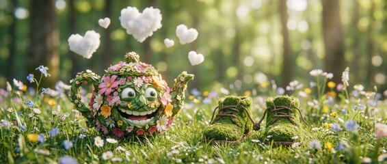 Surreal teapot of silliness surrounded by colorful flowers and shoes in enchanted forest whimsical nature scene bright and cheerful viewpoint