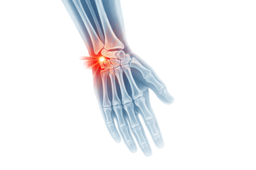 Human wrist and hand skeletal anatomy with highlighted joint pain showing bones and ligaments isolated on white background