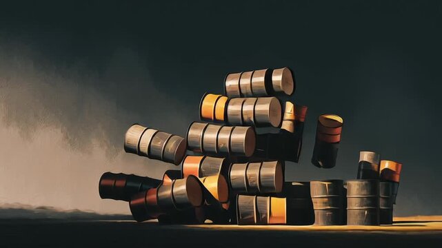 Moody oil painting illustration of a world economy under pressure, endless oil drums stacked like unstable towers, shadows stretching across an abstract horizon, minimal color palette with deep blacks