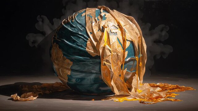 Narrative oil painting of a world destabilized by energy conflict, fragile globe wrapped in flowing crude oil, tension between destruction and control, cinematic lighting, painterly brushstrokes