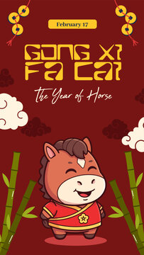 Story Social Media Gong Xi Fa Cai 2026 Chinese New Year Cute Horse Illustration, Year of the Horse Cartoon Poster 18
