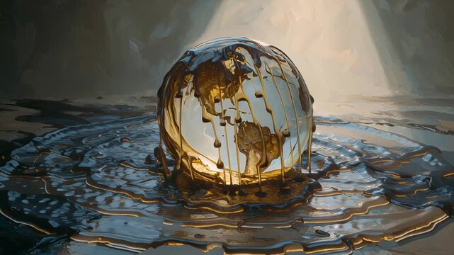 Narrative oil painting of a world destabilized by energy conflict, fragile globe wrapped in flowing crude oil, tension between destruction and control, cinematic lighting, painterly brushstrokes