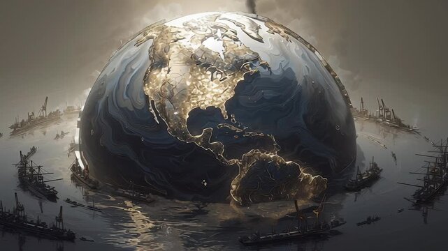 Oil painting style visual of a massive oil spill forming a fractured globe, supply chains represented as broken lines and collapsing structures, dark neutral background, soft yet dramatic lighting