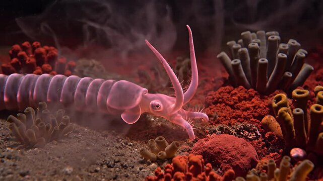Deep Sea Worm Creature Prehistoric Cambrian Period 3D Simulation