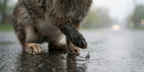 Tabby cat paws splashing in a puddle, close-up